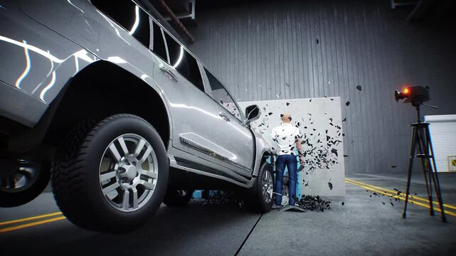car crash test stop time. safety concept. People and crash dummy.