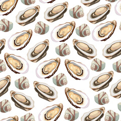 Oyster seamless pattern. Vector clipart, illustration with isolated background.;