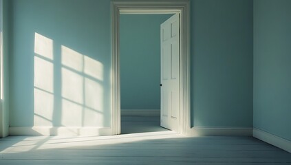Fototapeta premium An empty room with an open door and light blue walls