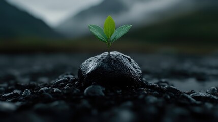 Tiny sprout emerging from a dark stone, surrounded by volcanic rock