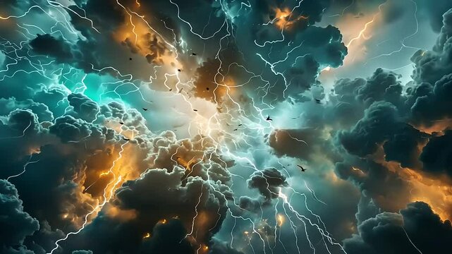 Apocalyptic Storm: Birds Amidst Celestial Lightning