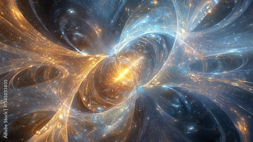 Poster abstract cosmic swirl of blue and orange light particles, creating a mesmerizing space scene