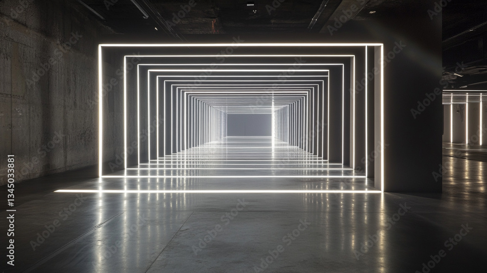 Poster modern art installation featuring illuminated geometric lines creating a tunnel effect in a gallery