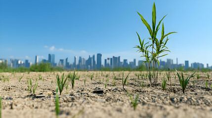 Small Plant Growing In Dry Ground Facing City Skyline
