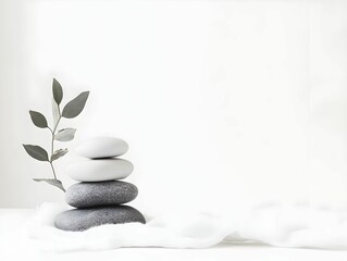 Smooth grey and white stones balanced with delicate eucalyptus sprig, resting on soft white fabric, creating zen-like minimalist meditation scene