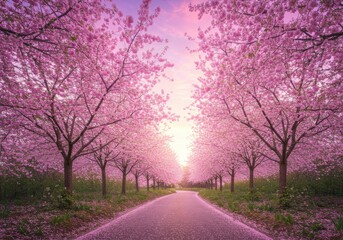 Obraz premium Serene Winding Path Through Blooming Cherry Blossoms Under a Soft Pink and Purple Sky