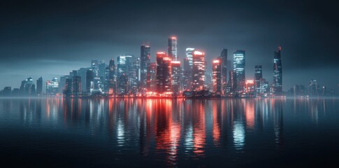 Fototapeta premium Illuminated skyscrapers reflecting in calm water under a dark sky