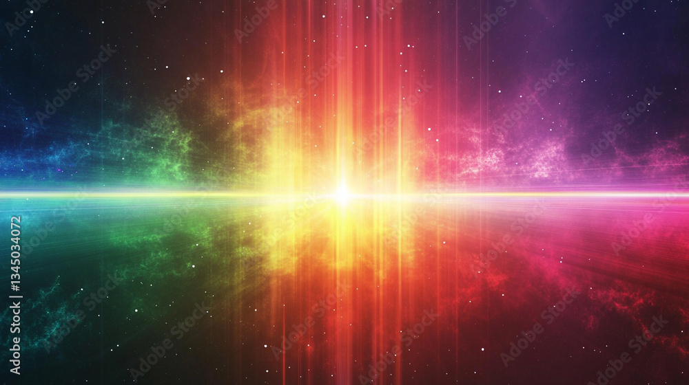 Poster vibrant cosmic background with colorful rays of light radiating from the center, creating a mystical