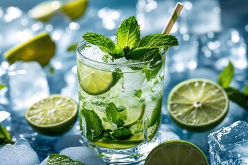 Fototapeta premium A refreshing mojito cocktail, perfectly chilled with vibrant mint and lime, glistening with icy coolness in a sun-drenched setting.