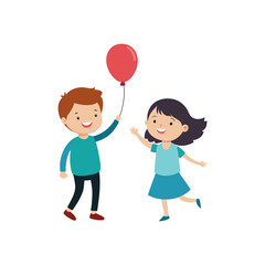 boy and girl play with balloons isolated on transferring background