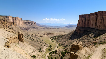 Panoramic View Of A Desert Canyon Under Blue Sky With Eroded Rock Formations And Road