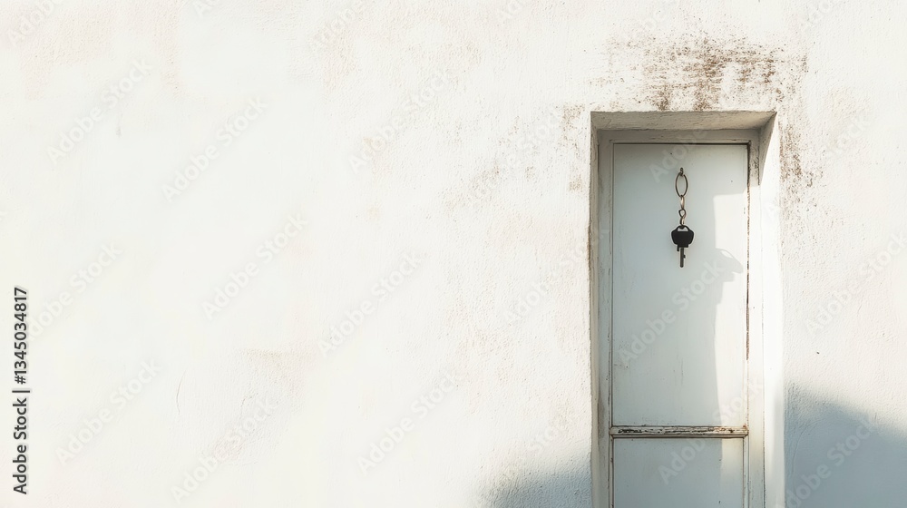 Poster whitewashed wall with small recessed door, sunlight casting shadow. possible use stock photo for arc