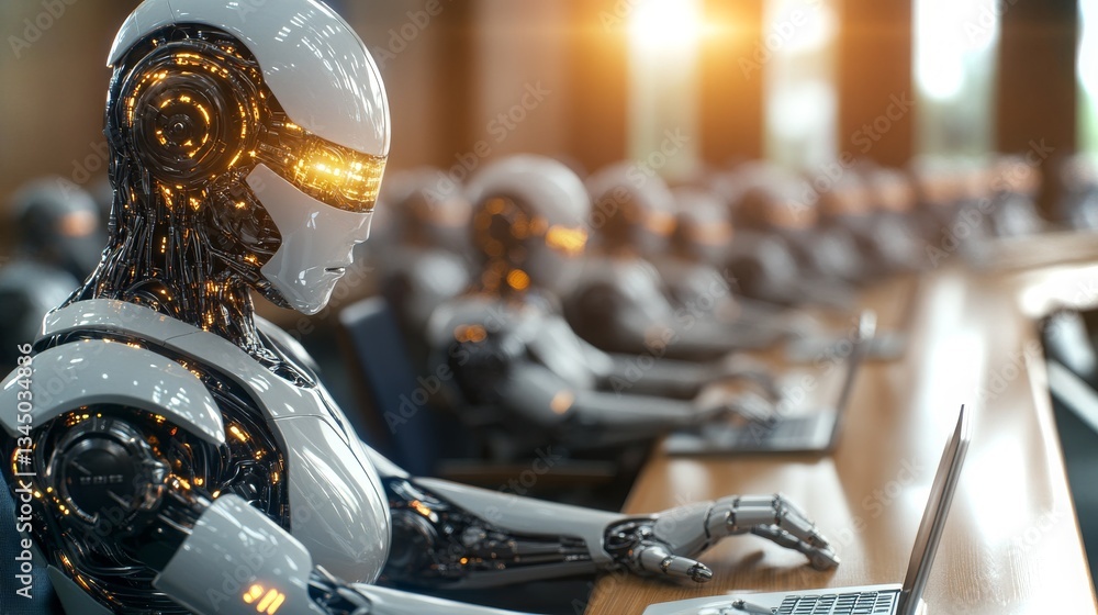 Poster futuristic robots working on computers in a high-tech office environment during daylight hours