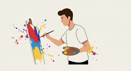 Young artist painting a colorful canvas in a studio setting