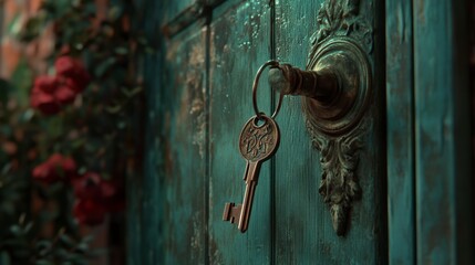 Fototapeta premium Antique key in aged teal door, roses in background. Possible use Decorative, illustrative