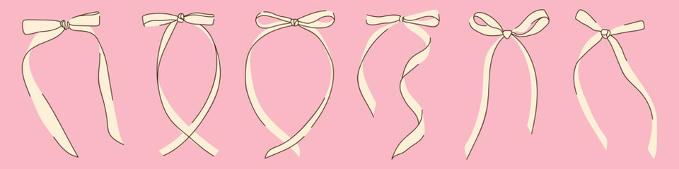 Ribbons. Collection of white bows, knots, gift bows. Bows in hand-drawn and flat styles. Set of white bows on a pink background