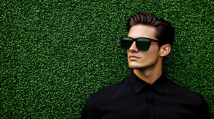 Man In Black Shirt And Sunglasses Posing Against Green Wall