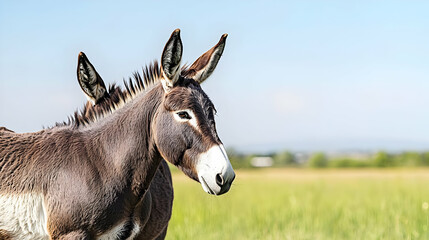 Profile View Of Brown And White Donkey In Grassy Field