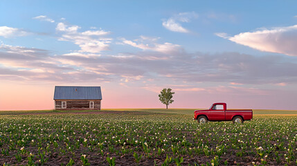 Red Pickup Truck And Wooden Building In The Field With Cloudy Sky At Sunset