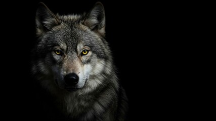 Obraz premium Portrait of a Wolf on a black background, emphasizing its intense gaze. Ideal for wildlife, predator, and wild animal content.