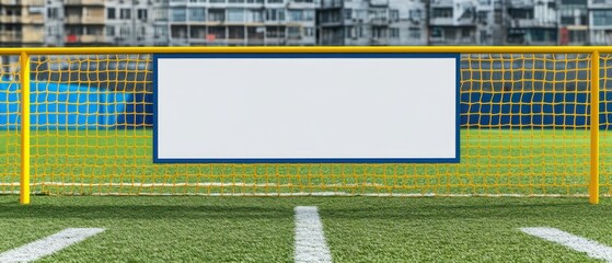 A soccer goal with a blank advertisement sign on a field