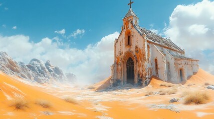 Weathered Church Ruins in a Desert Landscape