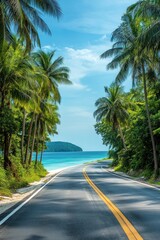 Scenic coastal road lined with palm trees under a clear blue sky