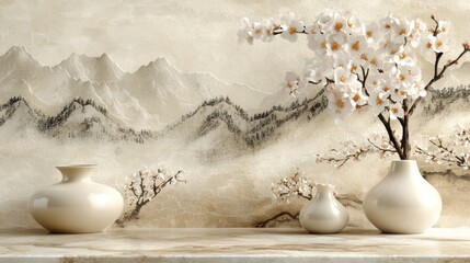 Elegant Asian-inspired still life with blossoms and vases