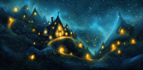 Illuminated homes glow on rolling hills beneath a starry sky