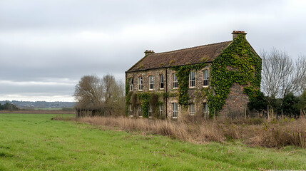 Obraz premium Abandoned Stone House With Green Ivy And Brown Roof Standing In A Lush Green Field Under Cloudy Sky