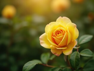 Single yellow rose in full bloom surrounded by lush green leaves, soft afternoon sunlight creating a warm and serene garden setting.