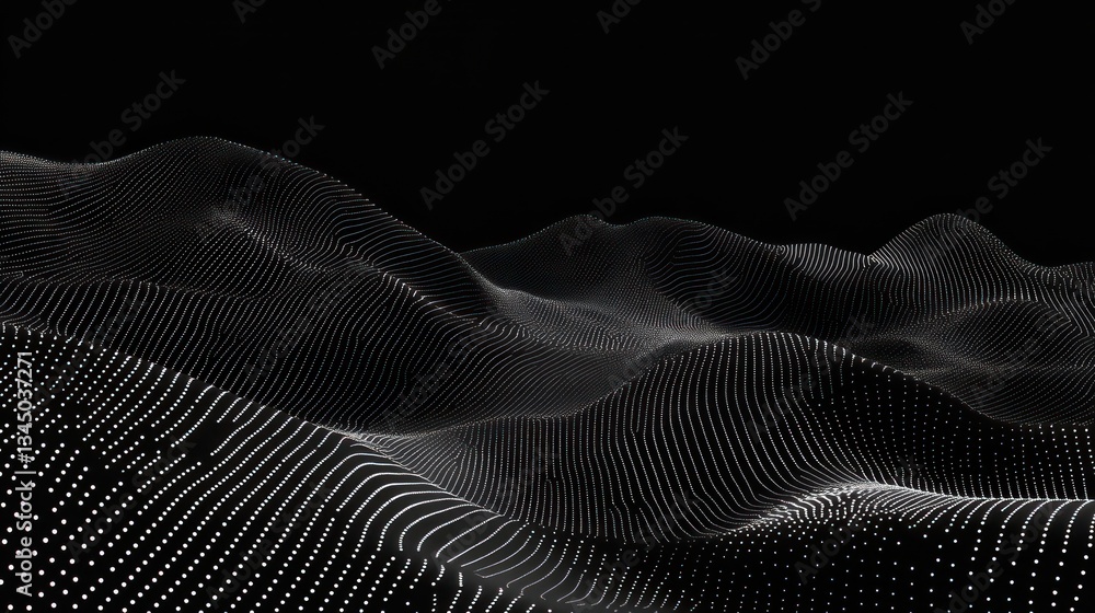 Poster abstract digital landscape with flowing waves and dotted patterns