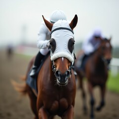 Obraz premium White jockey helmet on horse at finish line, sharp focus, blurred finish post, minimal victory.