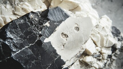 Macro view of sedimentary stone with fossil imprints visible among layers of creamy whites and charcoal tones
