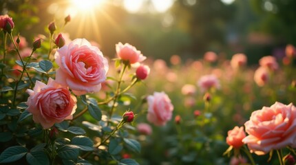Wide view of a rose garden in full bloom, various colored roses, soft sunlight through leaves, lush green surroundings.