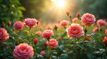 Wide view of a rose garden in full bloom, various colored roses, soft sunlight through leaves, lush green surroundings.