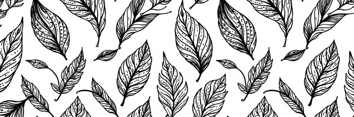 Fototapeta premium Botanical black and white seamless pattern with intricate leaf motifs, simple, elegant