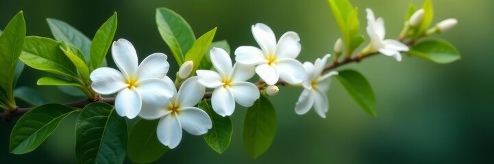 Fototapeta premium Branch of blooming jasmine flowers with green leaves, flora, floral arrangement, flowers
