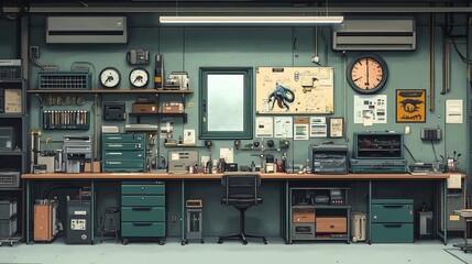 Vintage Workshop Interior with Teal and Beige Color Palette