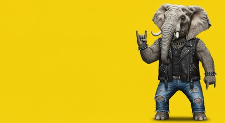Rock and roll elephant in leather jacket and jeans on yellow background