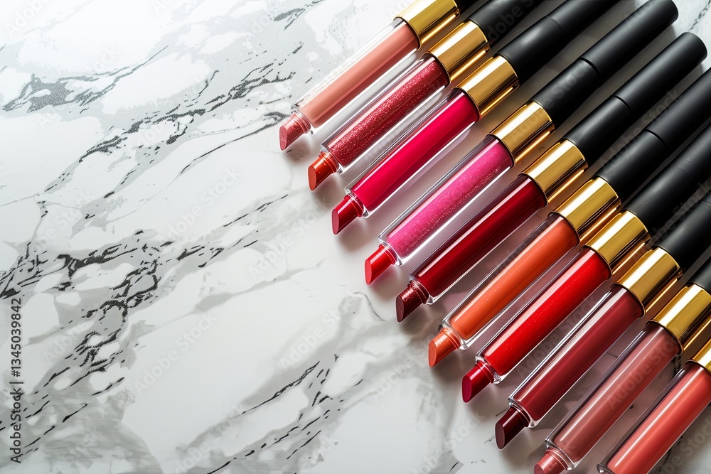 Poster elegant display of colorful lip gloss and lipstick tubes on a marble surface showcasing rich and var