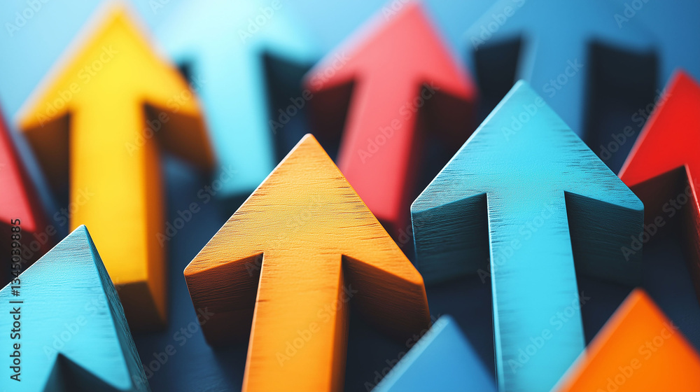 Poster a row of wooden arrows pointing upwards in a row. concept of progress and growth, as the arrows are 