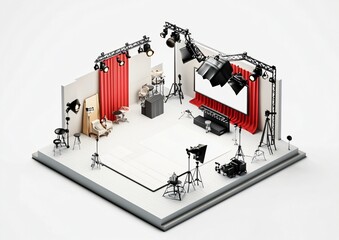 A scaled-down studio set with red curtains, lighting, camera equipment, and stage elements, set against a stark white backdrop for a diorama presentation.