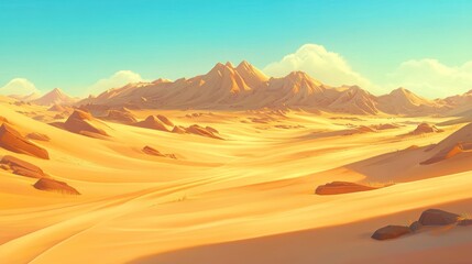 Vast Desert Landscape with Rolling Sand Dunes and Majestic Mountains in the Background