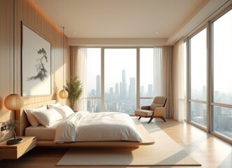 bedroom in skyscarper or hotel room with panoramic window in asian style