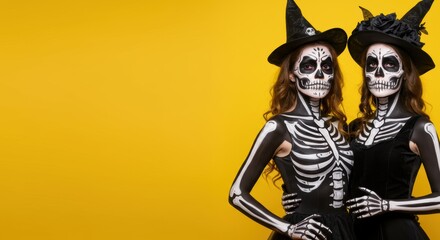 Skeleton makeup witches with hats on yellow background