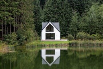 Obraz premium Modern house near serene lake surrounded by lush green forest reflecting in calm water creates a peaceful retreat in nature