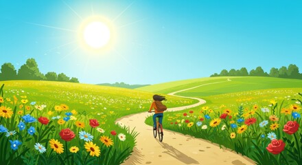 Fototapeta premium Sunny day adventure: cycling through vibrant meadows amidst blooming wildflowers