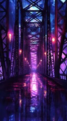 A bridge at night with glowing lights reflecting in water