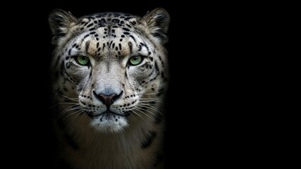 Snow leopard portrait, close-up, dark background. Wild cat, studio shot, endangered species.

